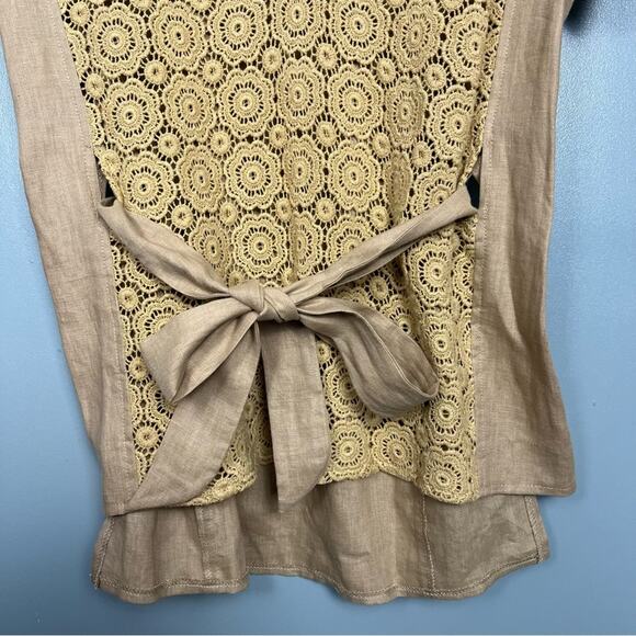 NWT Miguelina Regina Sample Linen Crochet Lace Blouse Waist Tie Camel Tan Size S - Picture 4 of 9